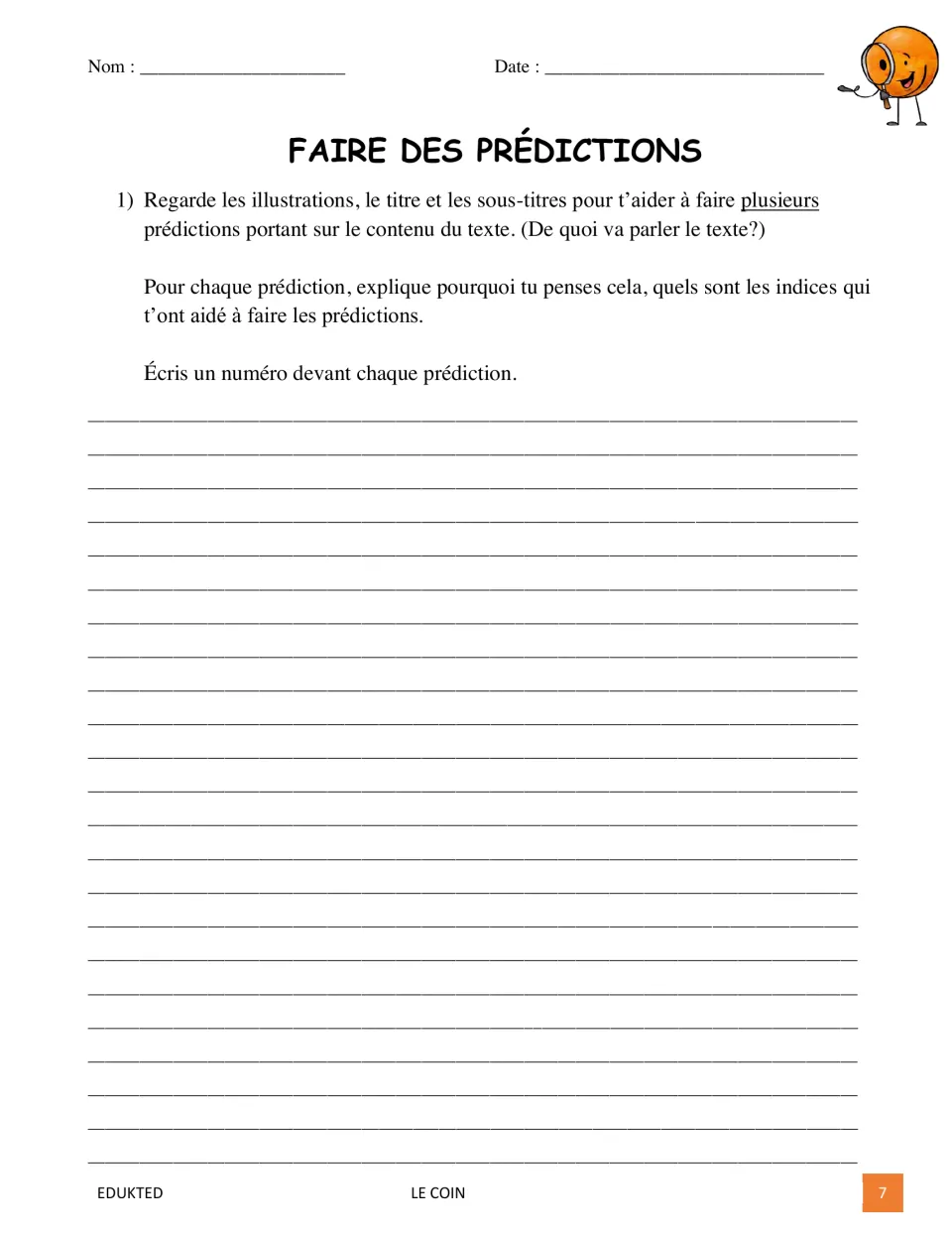 Prereading prediction task asking students to use illustrations, titles, and subtitles and explain their clues