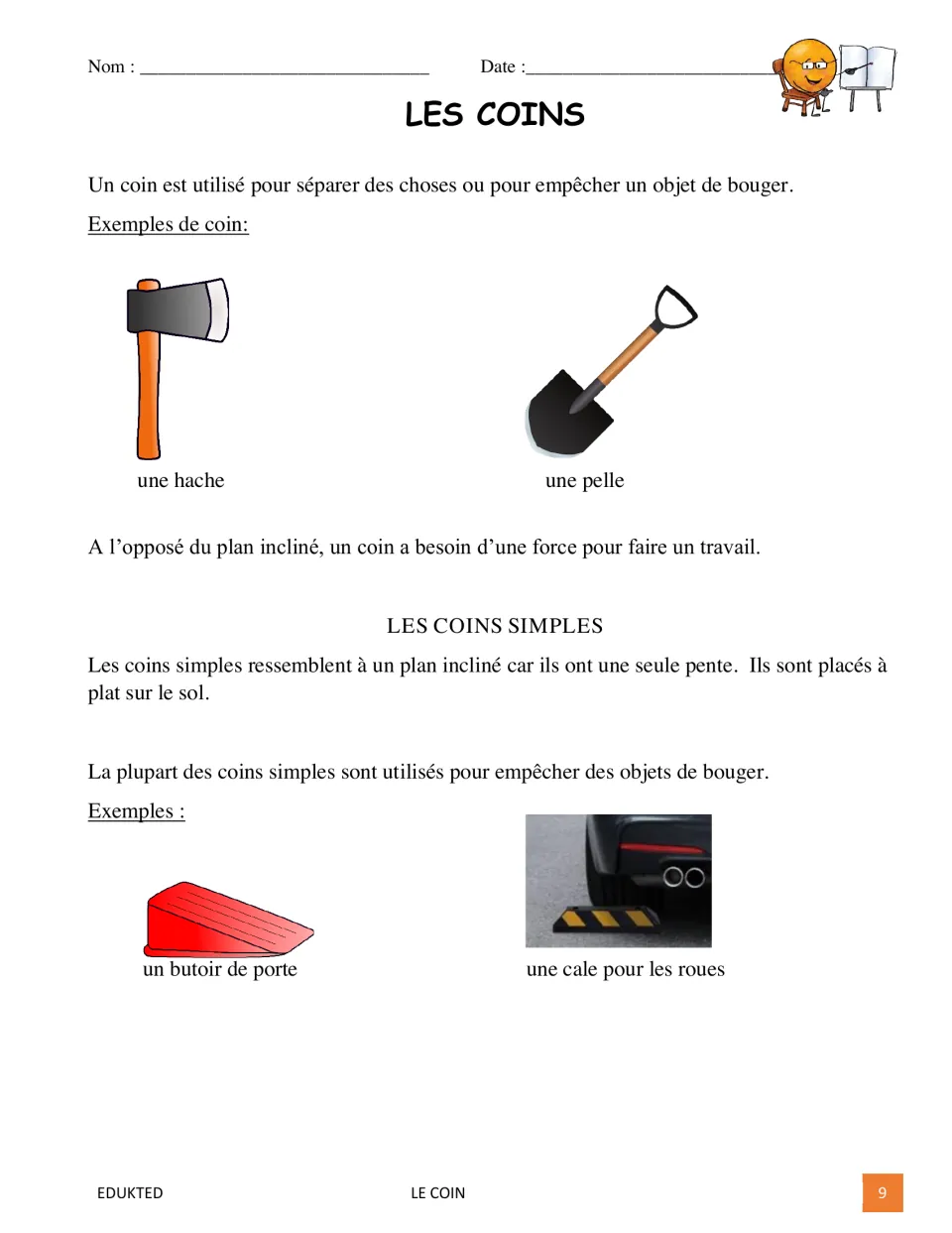 First reading page explains wedges and single wedges in French, with an ax, shovel, doorstop, and wheel chock