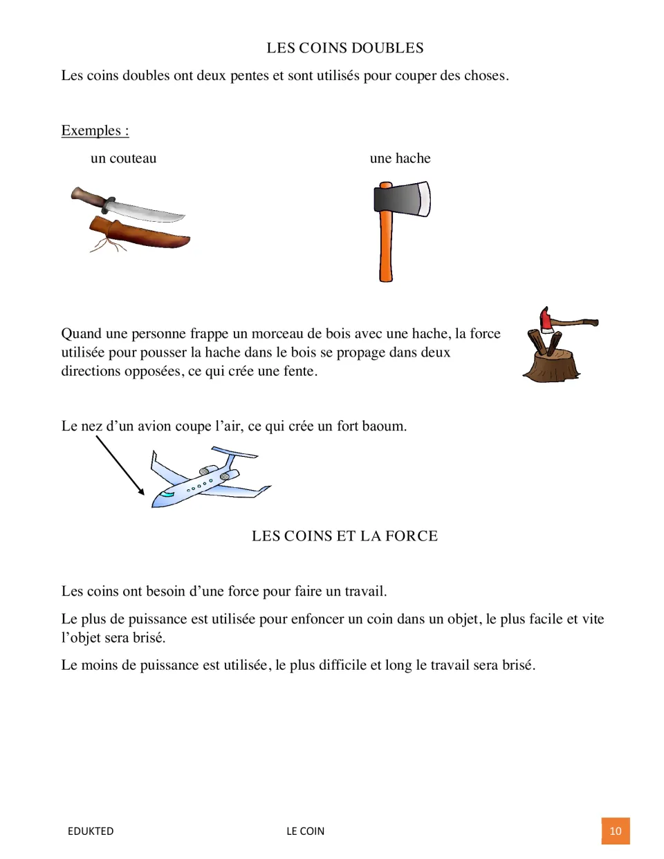 Second reading page explains double wedges and force in French, using a knife, an ax, and an airplane's nose
