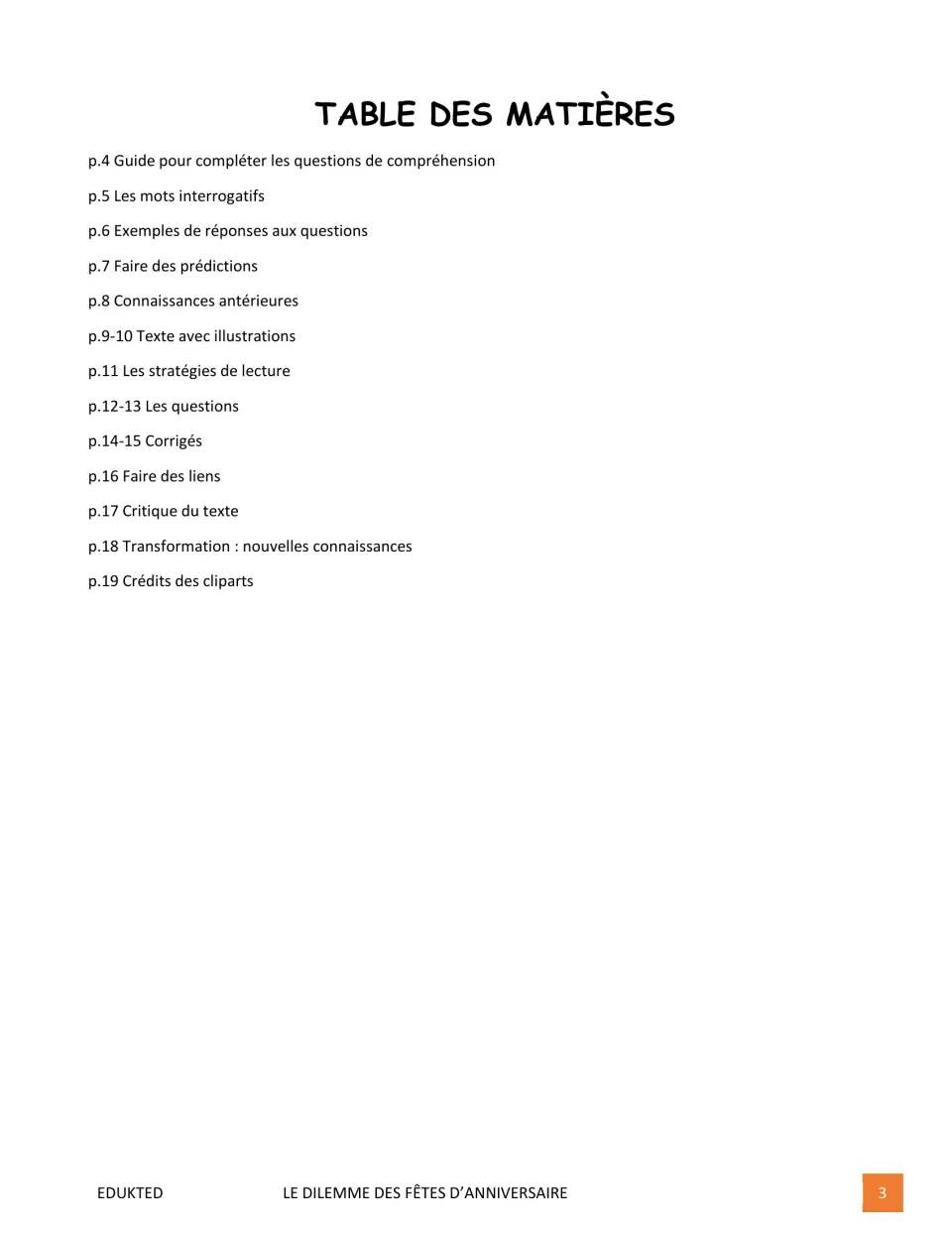 Reading packet contents list guides, predictions, illustrated text, questions, answers, and reflection tasks