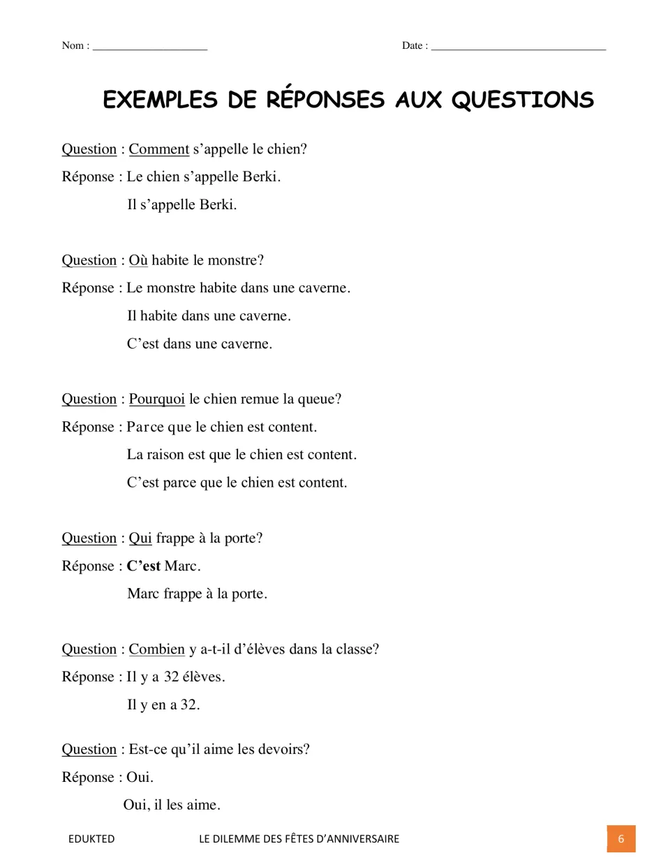 French response guide models answers to six questions about a dog, a monster, Marc, students, and homework