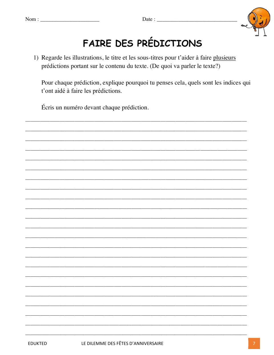 French prediction task asks students to use illustrations, title, and subtitles and explain their clues