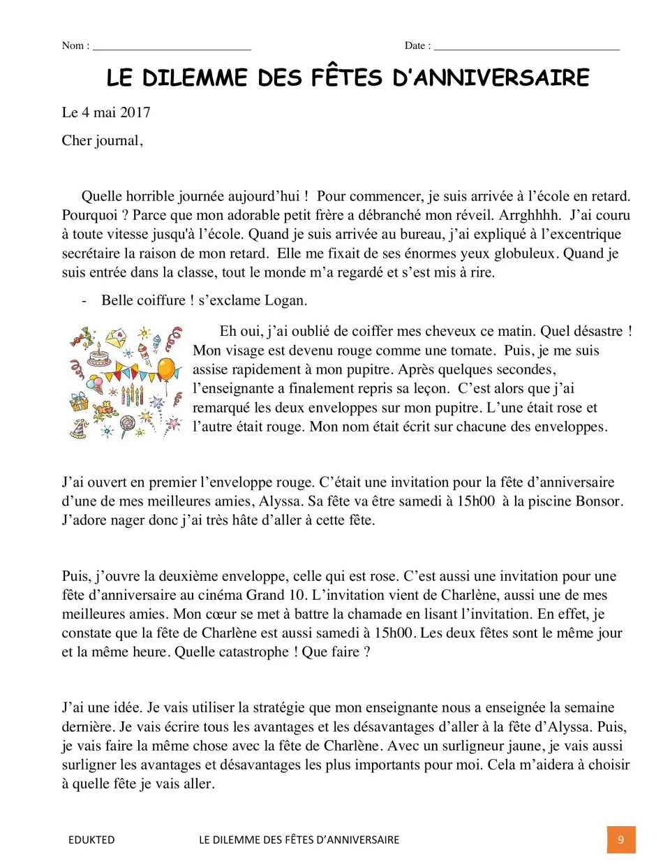French diary passage describes two birthday invitations for Saturday at 3 p.m. and a plan to weigh pros and cons