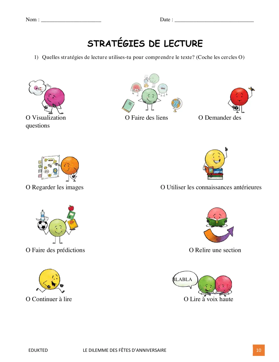 French reading strategy checklist asks students to identify strategies used, including rereading and predicting