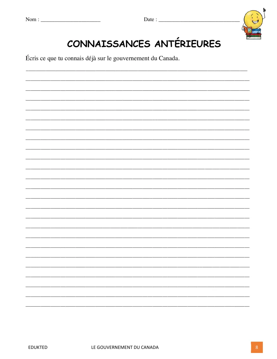 Prior-knowledge activity asks students to write what they already know about the government of Canada