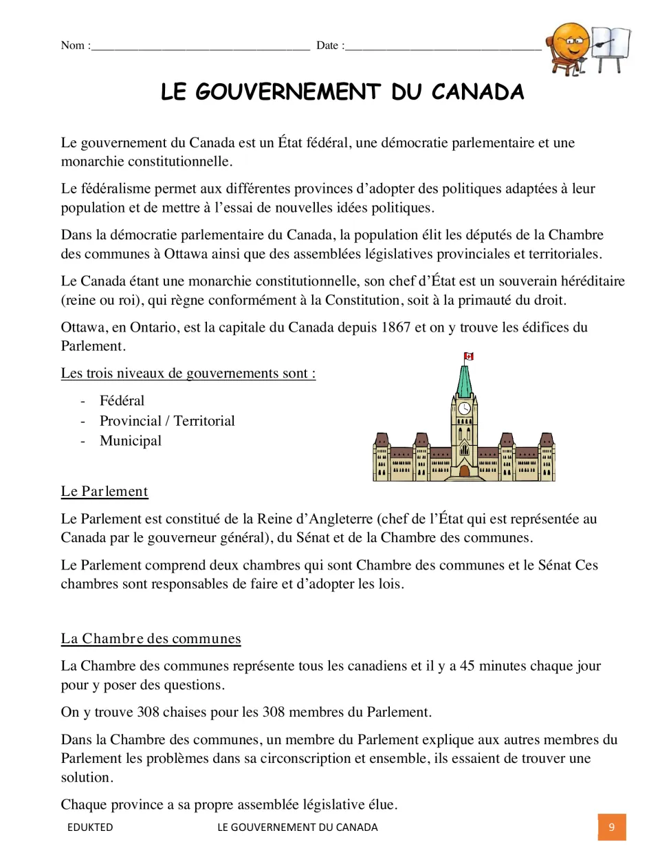 French passage, part 1, introduces Canadian federalism, monarchy, government levels, Parliament, and the Commons