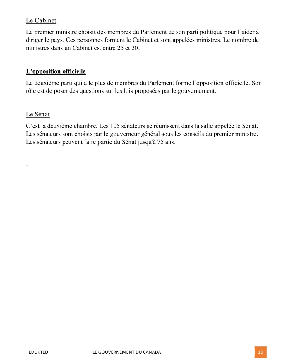 French passage, part 2, explains the Cabinet, official opposition, and Senate, including senators' retirement age