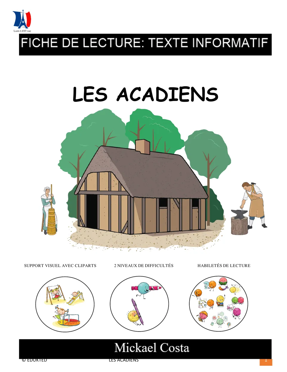 Cover of Les Acadiens (The Acadians), a French informational reading packet with two difficulty levels