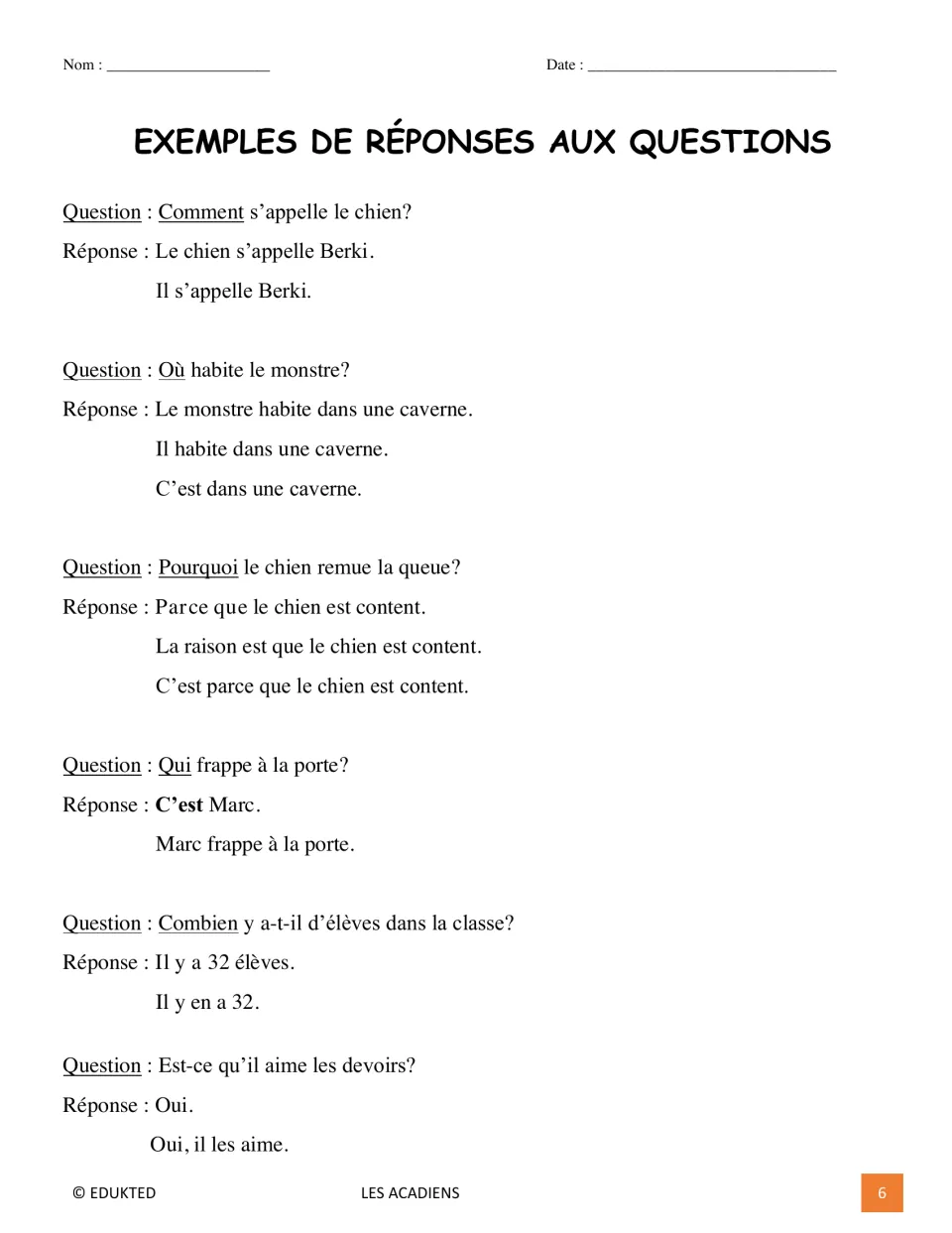 French response guide models answers to six questions about a dog, a monster, Marc, students, and homework