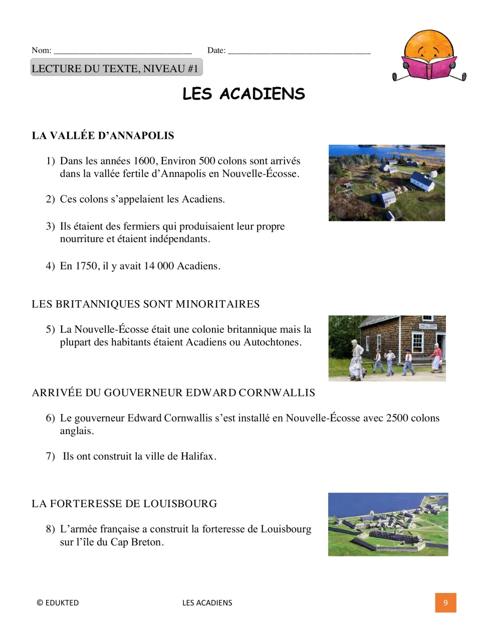 Level 1 Acadian reading passage, part 1: Annapolis Valley settlers, British rule, Halifax, and Louisbourg