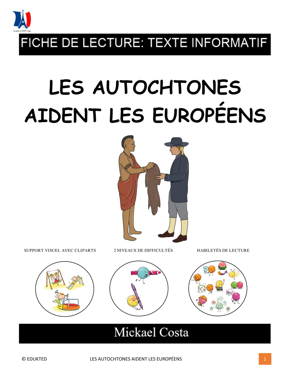 French reading packet cover about Indigenous peoples helping Europeans, featuring two difficulty levels