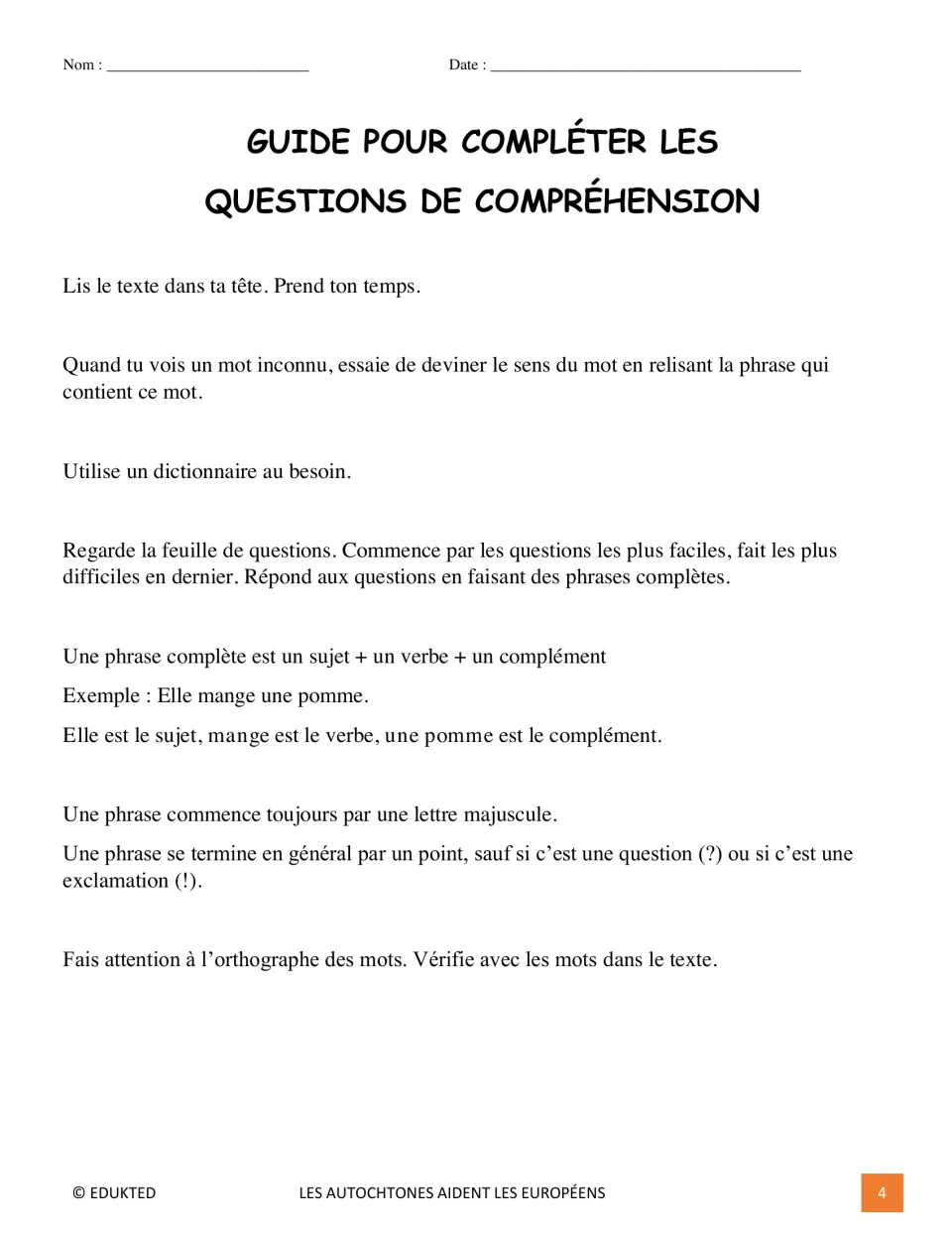 French comprehension guide covering unfamiliar words, complete sentences, capitalization, and spelling