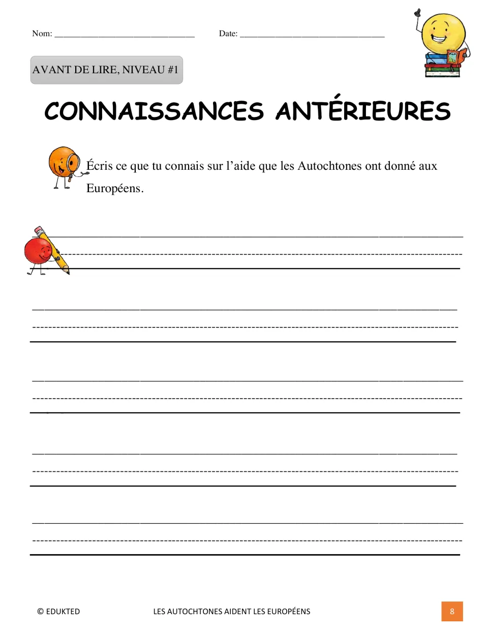 Level 1 prereading task asking students to write what they know about Indigenous peoples helping Europeans