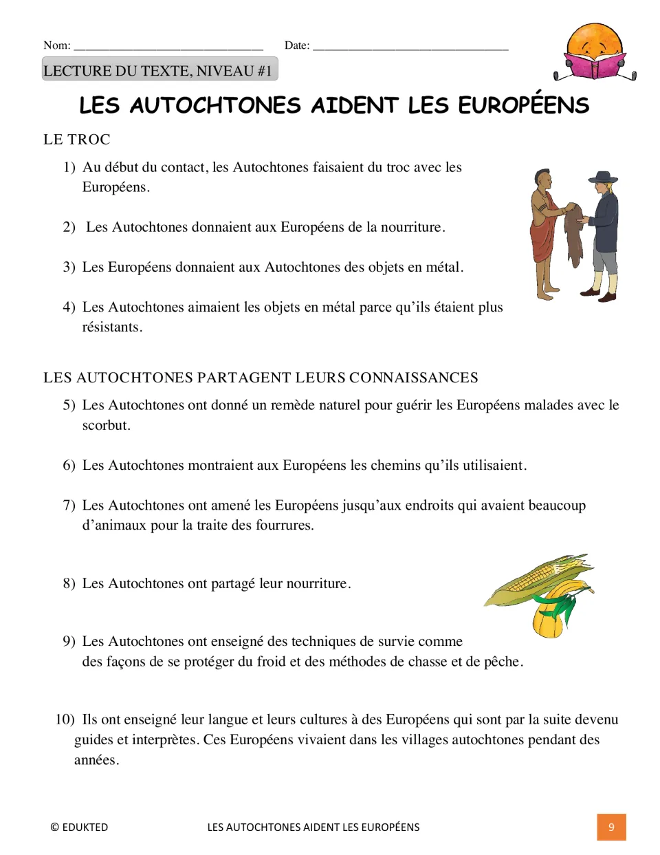 Level 1 French passage, statements 1–10, on trade and Indigenous knowledge shared with Europeans