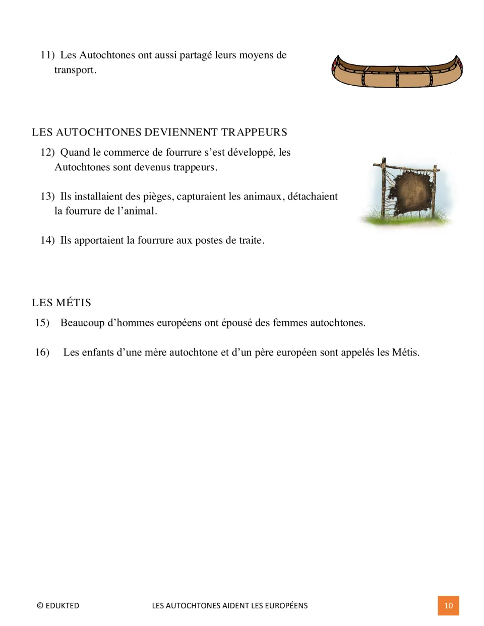 Level 1 French passage, statements 11–16, on transportation, fur trapping, trading posts, and Métis