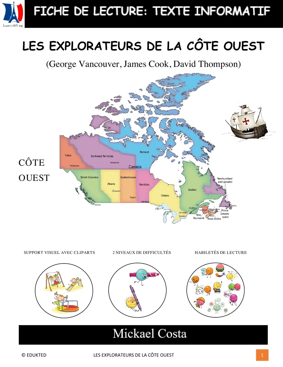 Reading packet cover naming George Vancouver, James Cook, and David Thompson, with a map of Canada