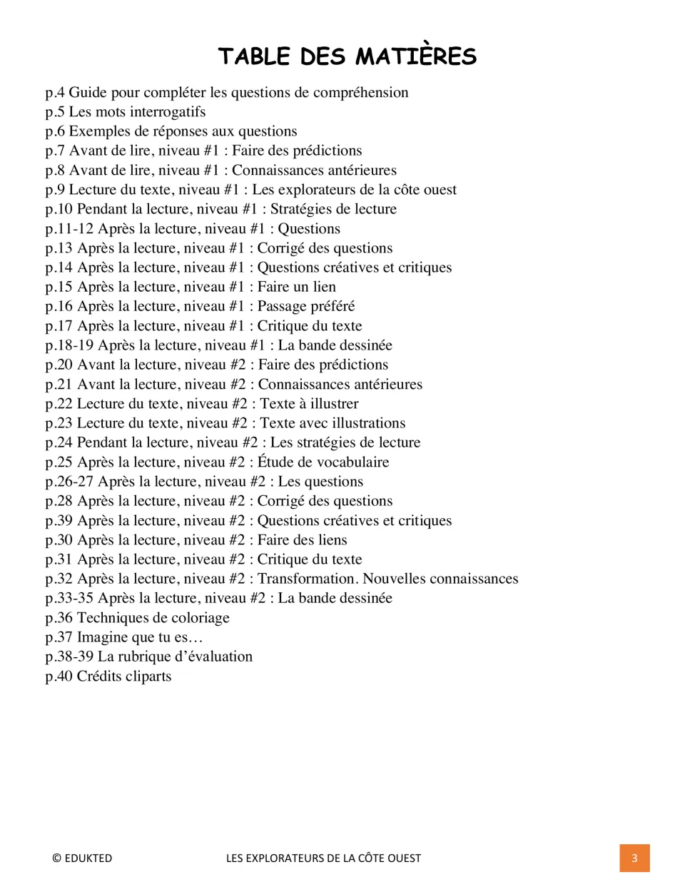 Reading packet contents list two levels of reading activities, answer keys, comics, and evaluation rubrics