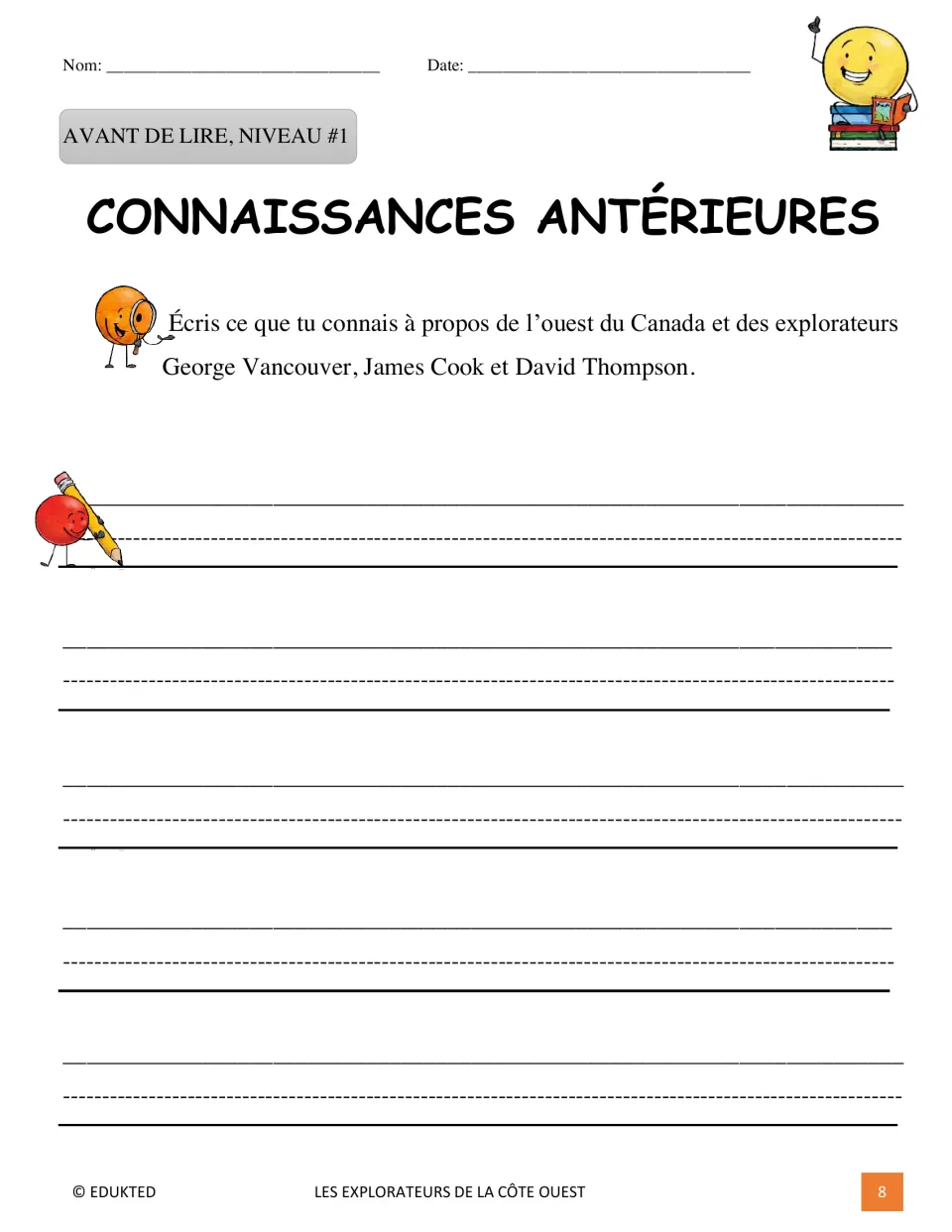 Level 1 prereading task asks what students know about western Canada, Vancouver, Cook, and Thompson