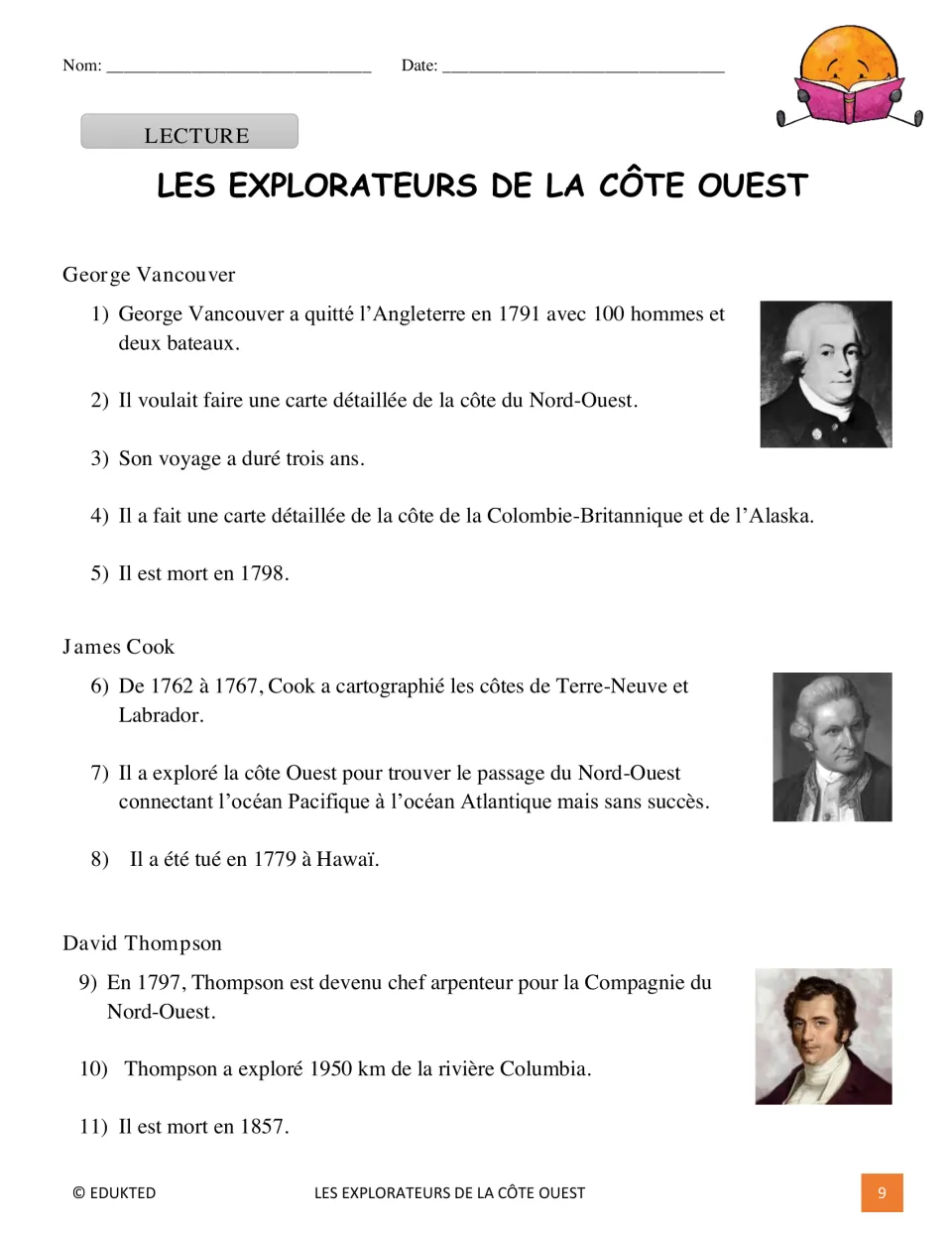 Level 1 French reading presents 11 numbered facts about the explorations of Vancouver, Cook, and Thompson