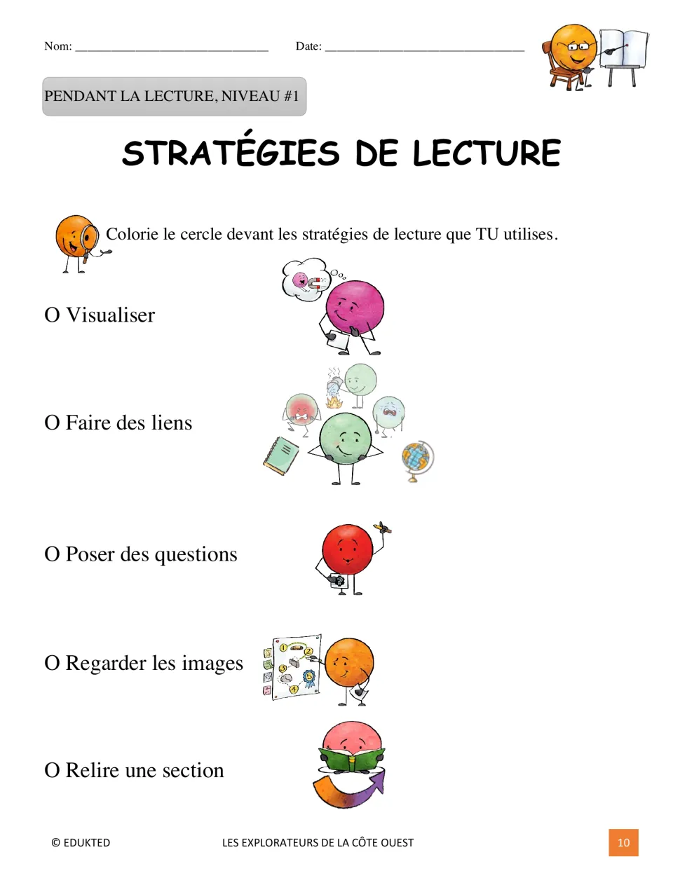 Level 1 reading checklist: visualize, make connections, ask questions, look at pictures, and reread a section