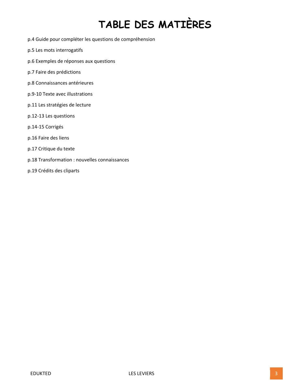 Contents of the French reading packet, listing guides, passage, questions, answer keys, and reflections