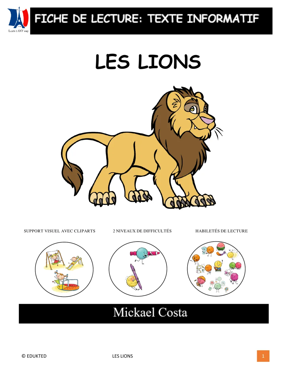 Cover of Les lions (Lions), a French informational reading workbook offering two difficulty levels