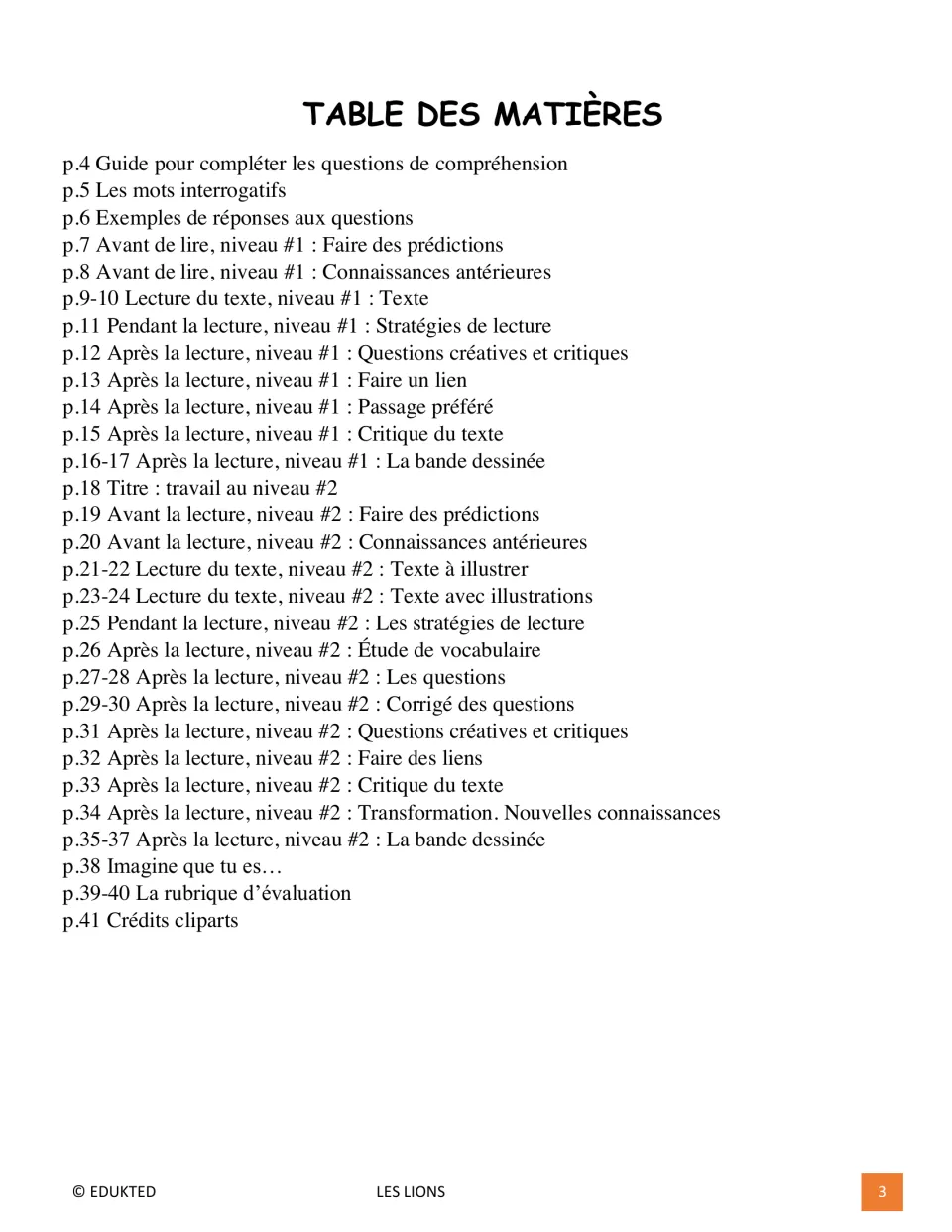 Workbook contents list guides, two reading levels, response activities, answer keys, and evaluation rubrics