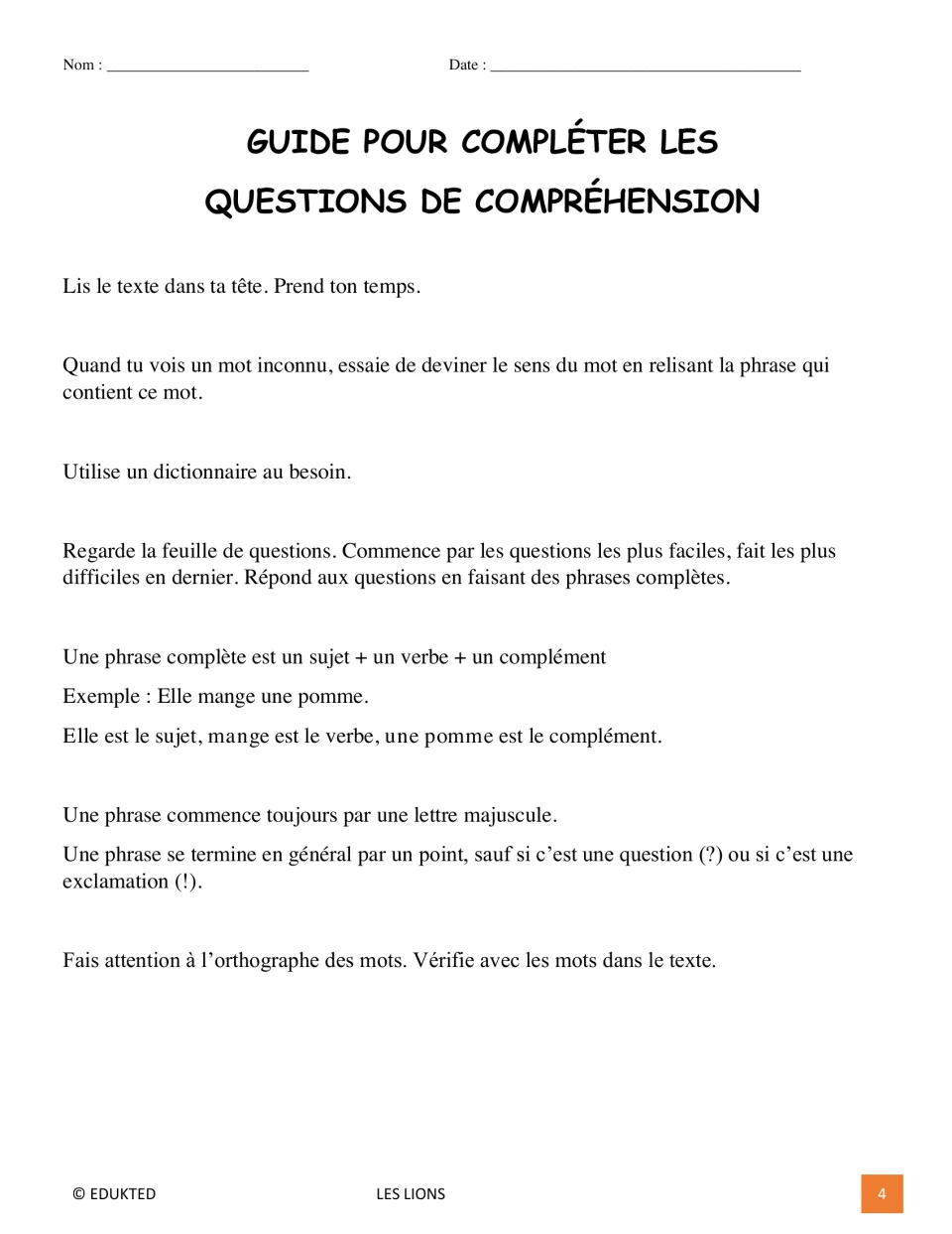 French comprehension guide explains rereading, using a dictionary, writing complete sentences, and spelling