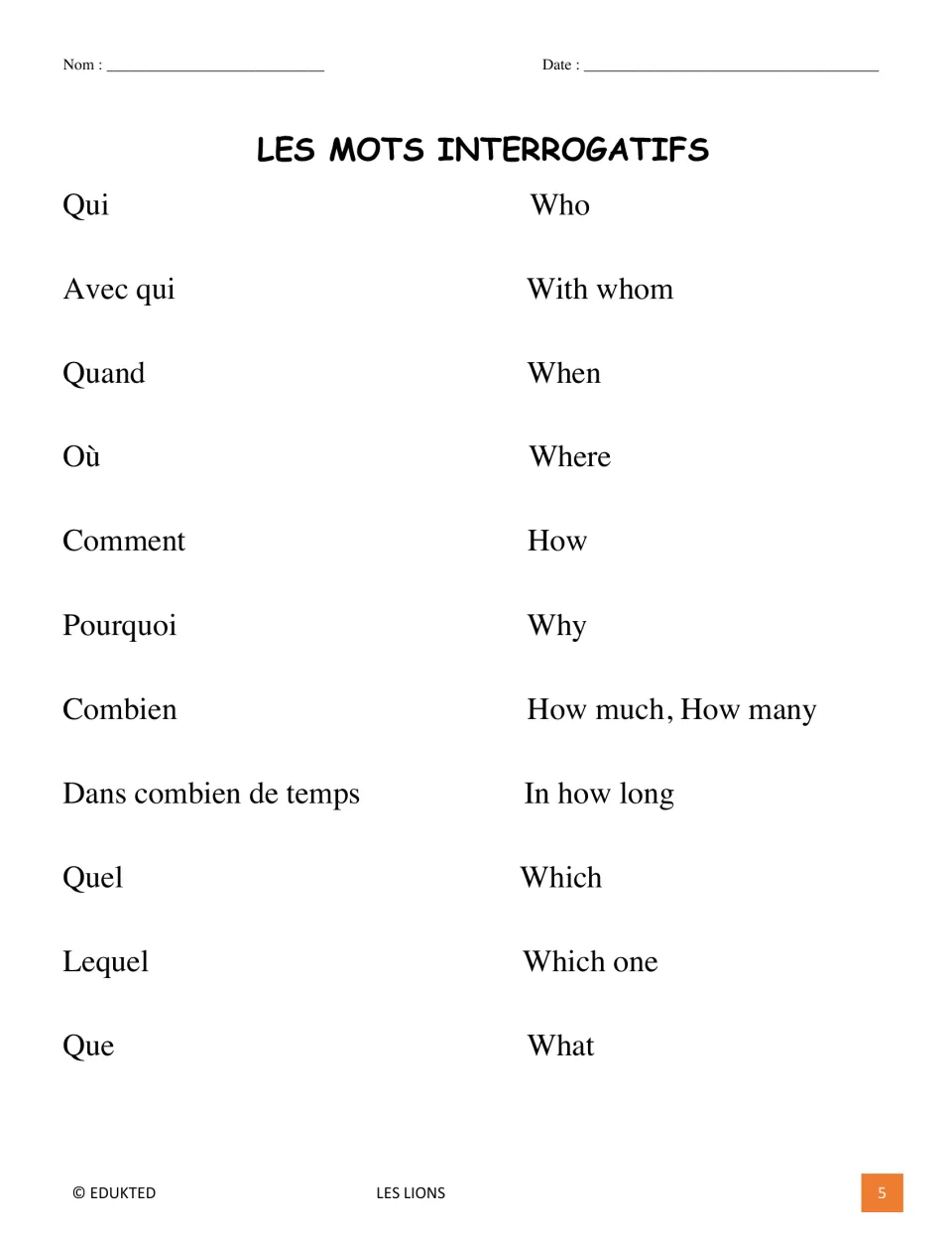 French question-word reference gives 11 English meanings, including qui (who), quand (when), and où (where)
