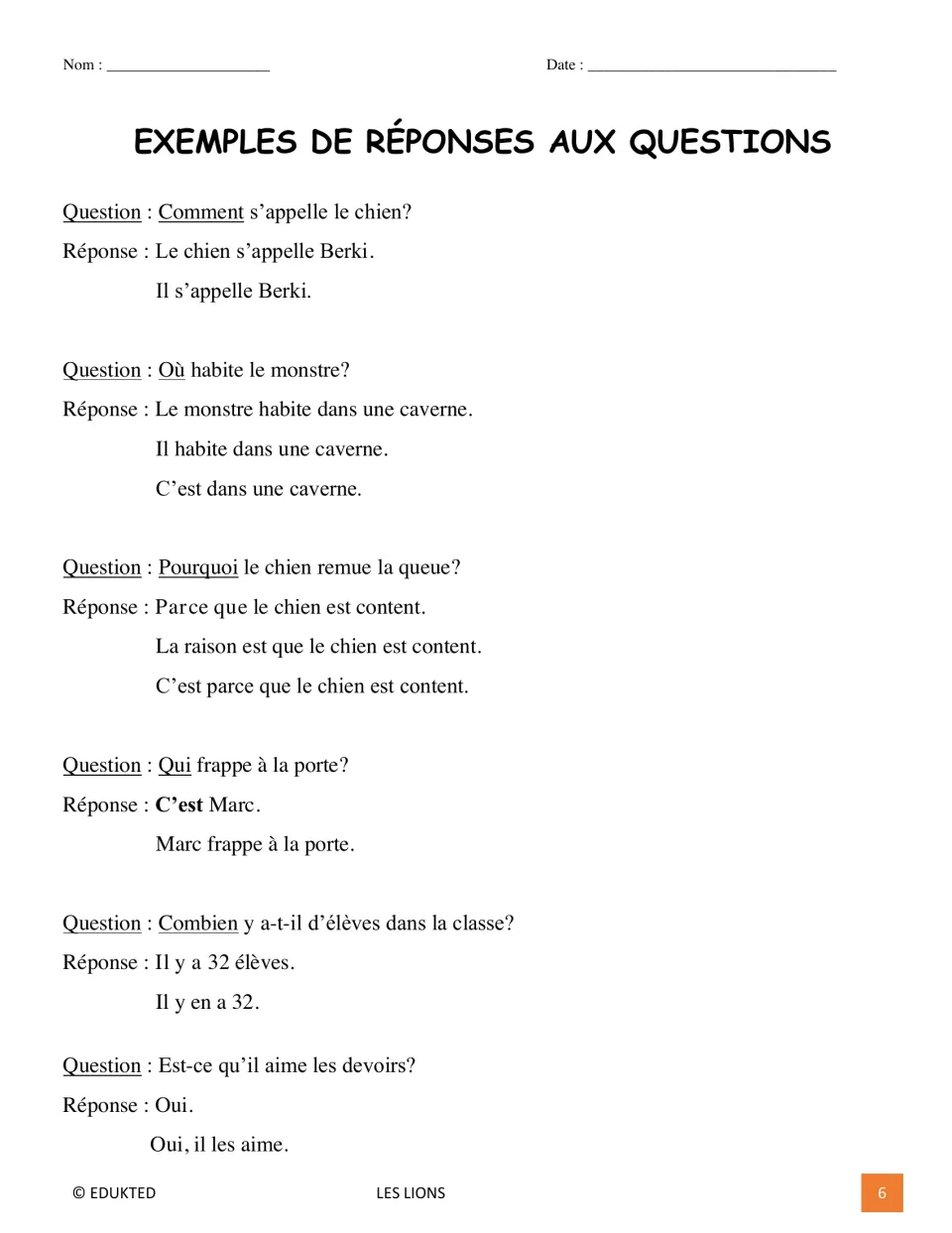 French response guide models answers to six questions about a dog, a monster, a visitor, students, and homework