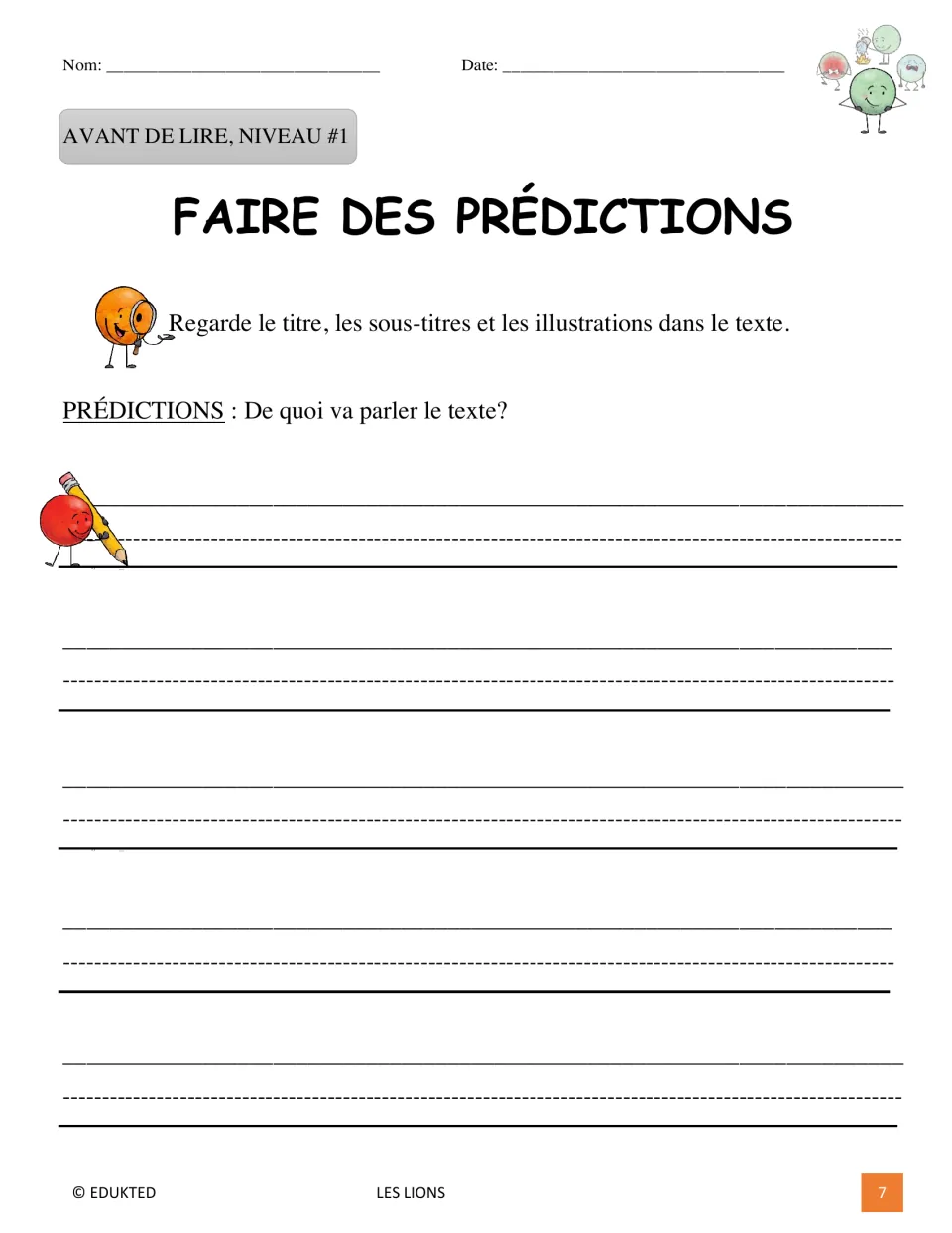 Level 1 prereading activity asks students to predict the text's topic using its title, headings, and illustrations