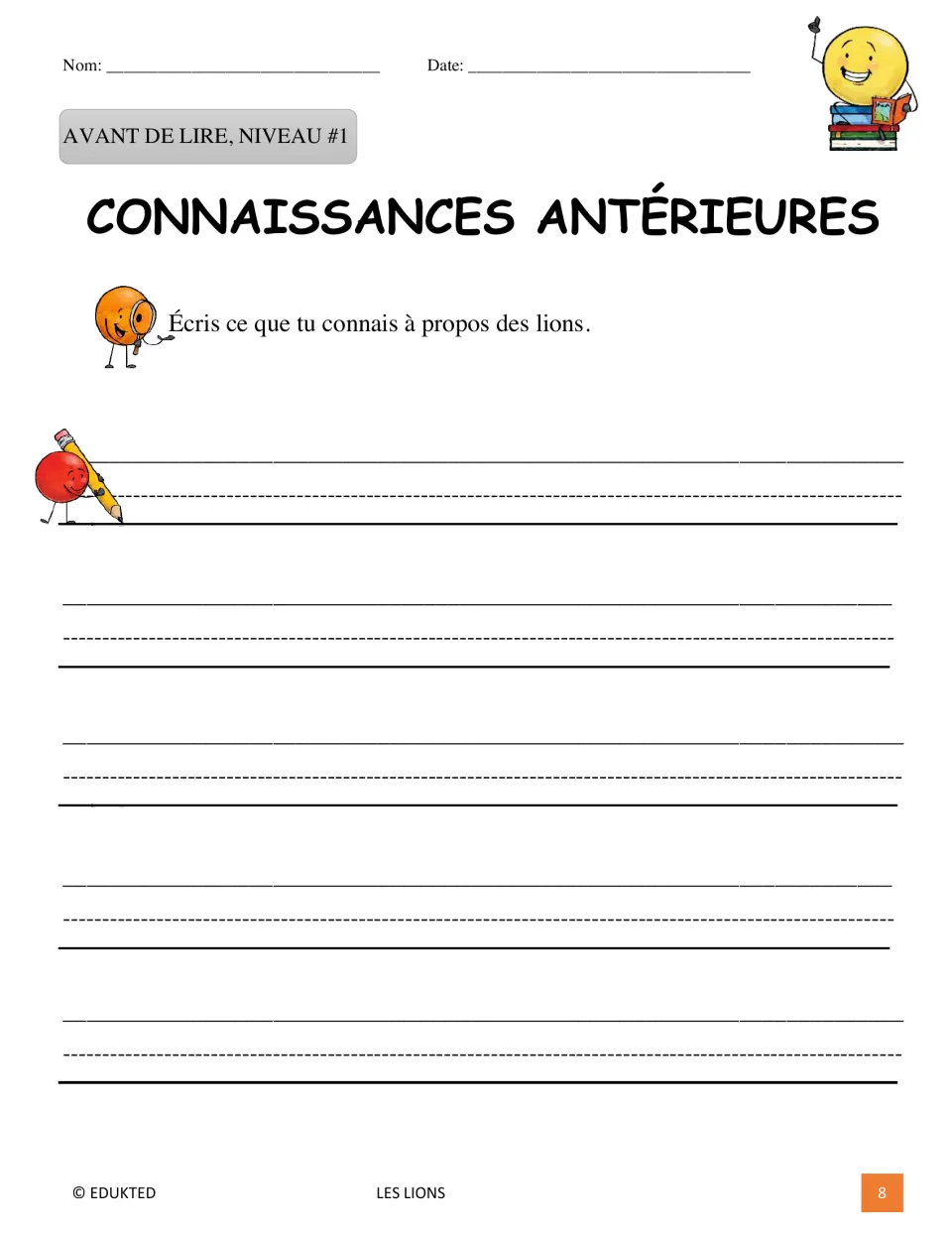 Level 1 prior-knowledge activity asks students to write what they already know about lions before reading