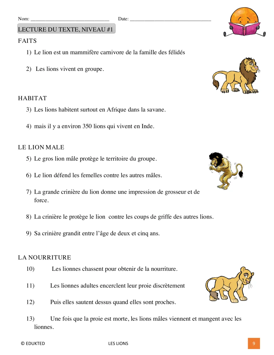 Level 1 French lion passage begins with facts 1–13 about classification, habitat, male lions, and hunting