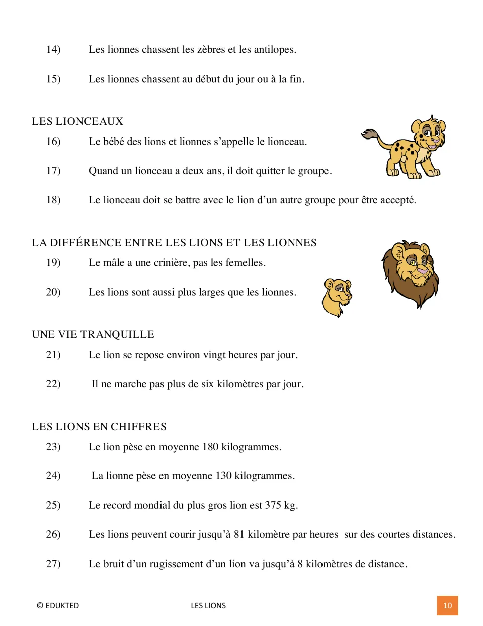 Level 1 French lion passage continues with facts 14–27 on prey, cubs, sex differences, rest, weight, and speed