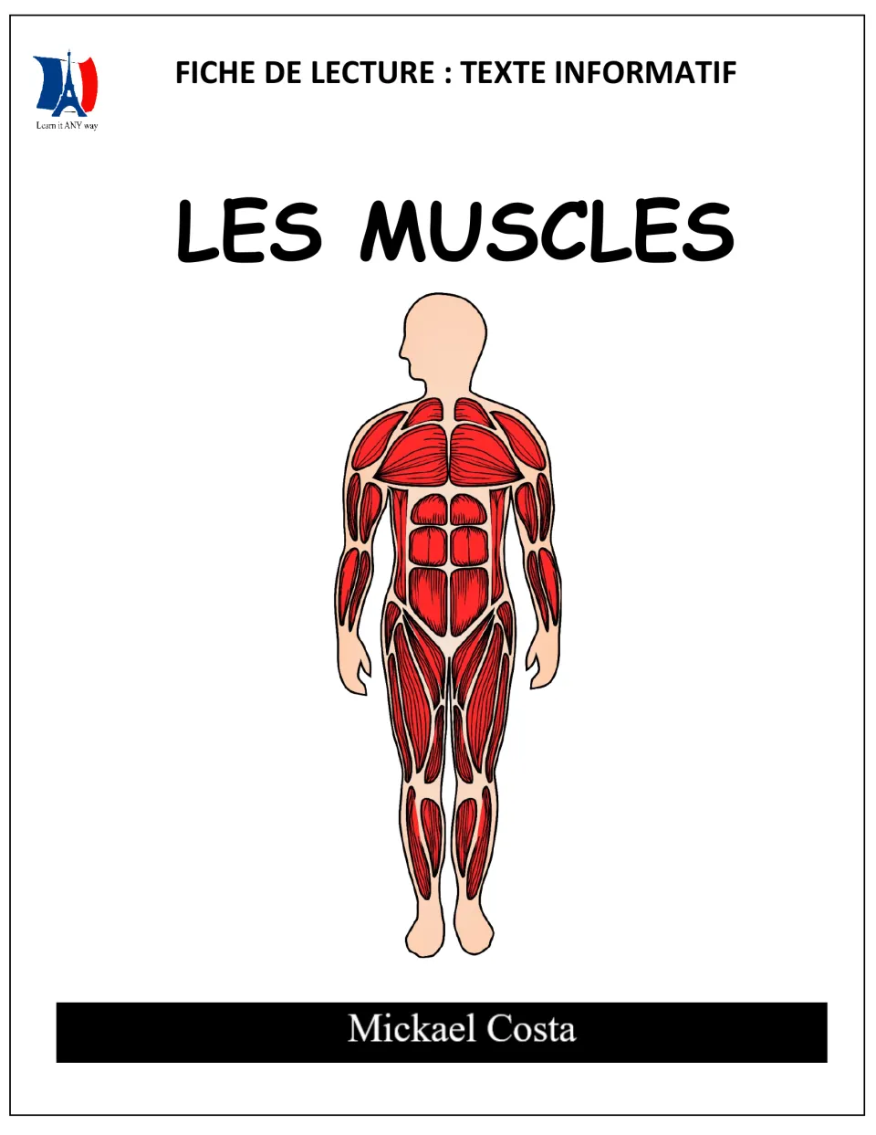 French informational reading packet cover titled Les muscles (Muscles), with a human muscle illustration