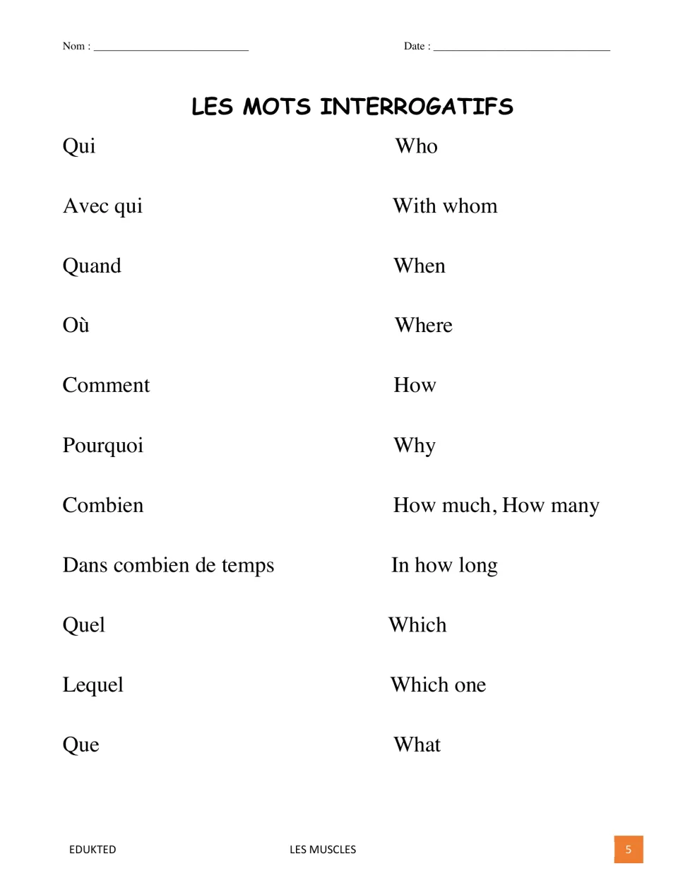 French question-word reference gives English meanings for qui (who), quand (when), où (where), and eight more