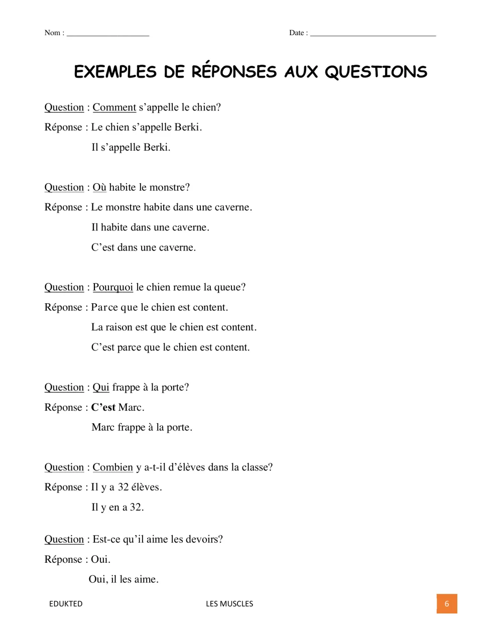 French response models show how to answer six sample questions about a dog, a monster, Marc, students, and homework