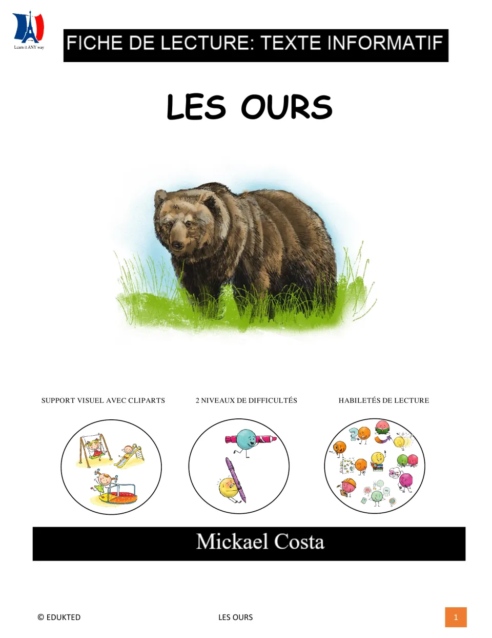 Cover of Les ours (Bears), a French informational reading packet with visual support and two difficulty levels