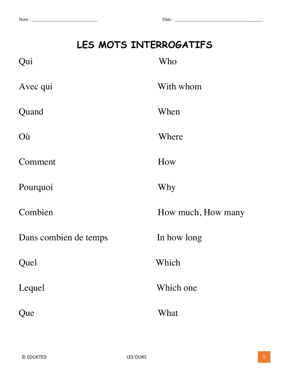 French question-word reference includes qui (who), quand (when), où (where), comment (how), and seven more entries