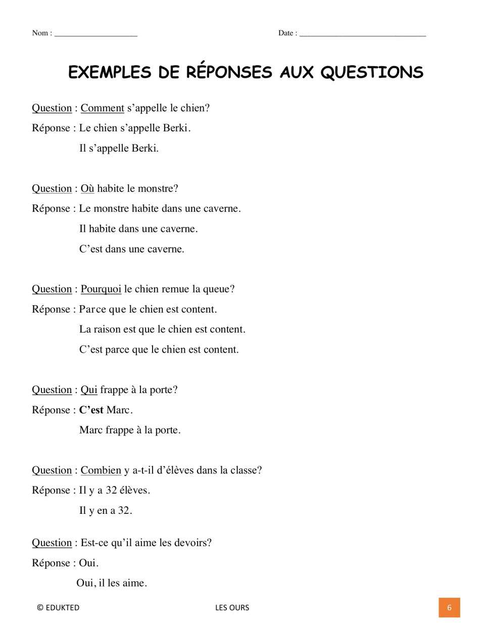 French response models show six questions about a dog's name, a monster's home, tail wagging, and three more topics