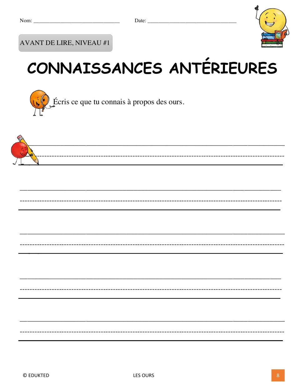 Level 1 prereading activity on prior knowledge asks students to write what they already know about bears