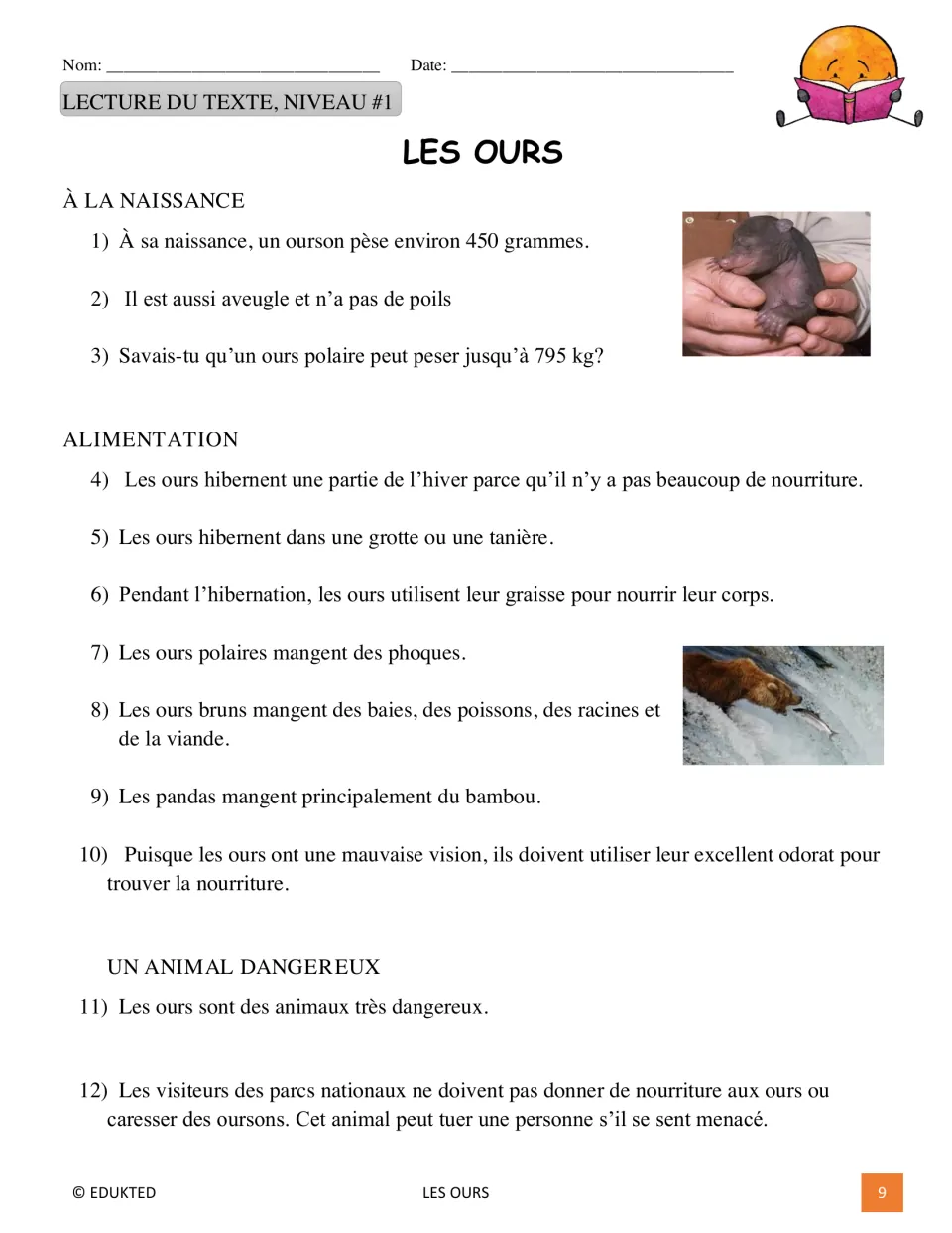 Level 1 French reading passage presents 12 numbered facts about bear cubs, diets, hibernation, and dangers