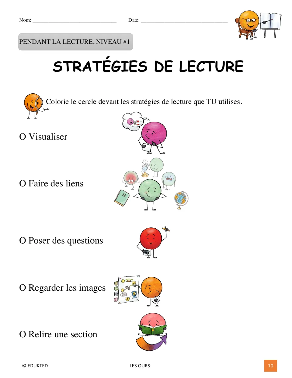Level 1 reading strategy checklist covers visualizing, making connections, asking questions, pictures, and rereading