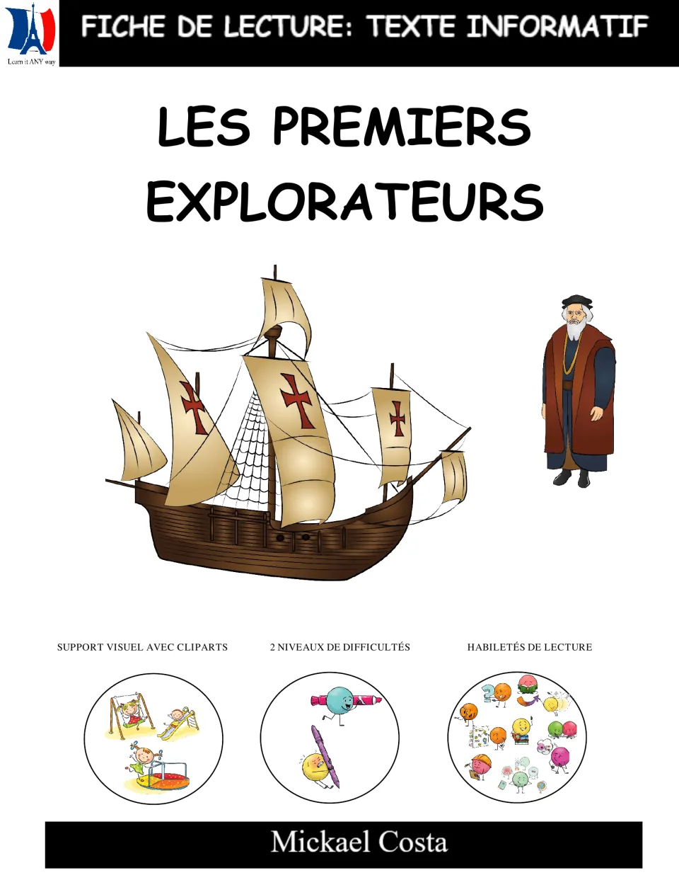 French informational reading packet cover: Les premiers explorateurs, with two difficulty levels
