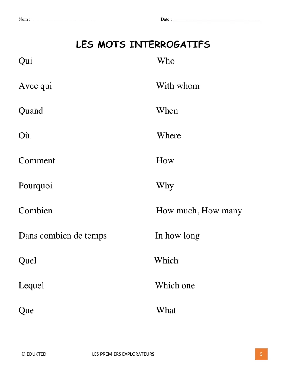 French question-word reference lists qui (who), quand (when), où (where), and eight more English translations