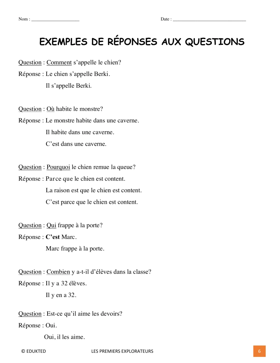 French response models show six questions with sample answers about a dog, a monster, Marc, and school