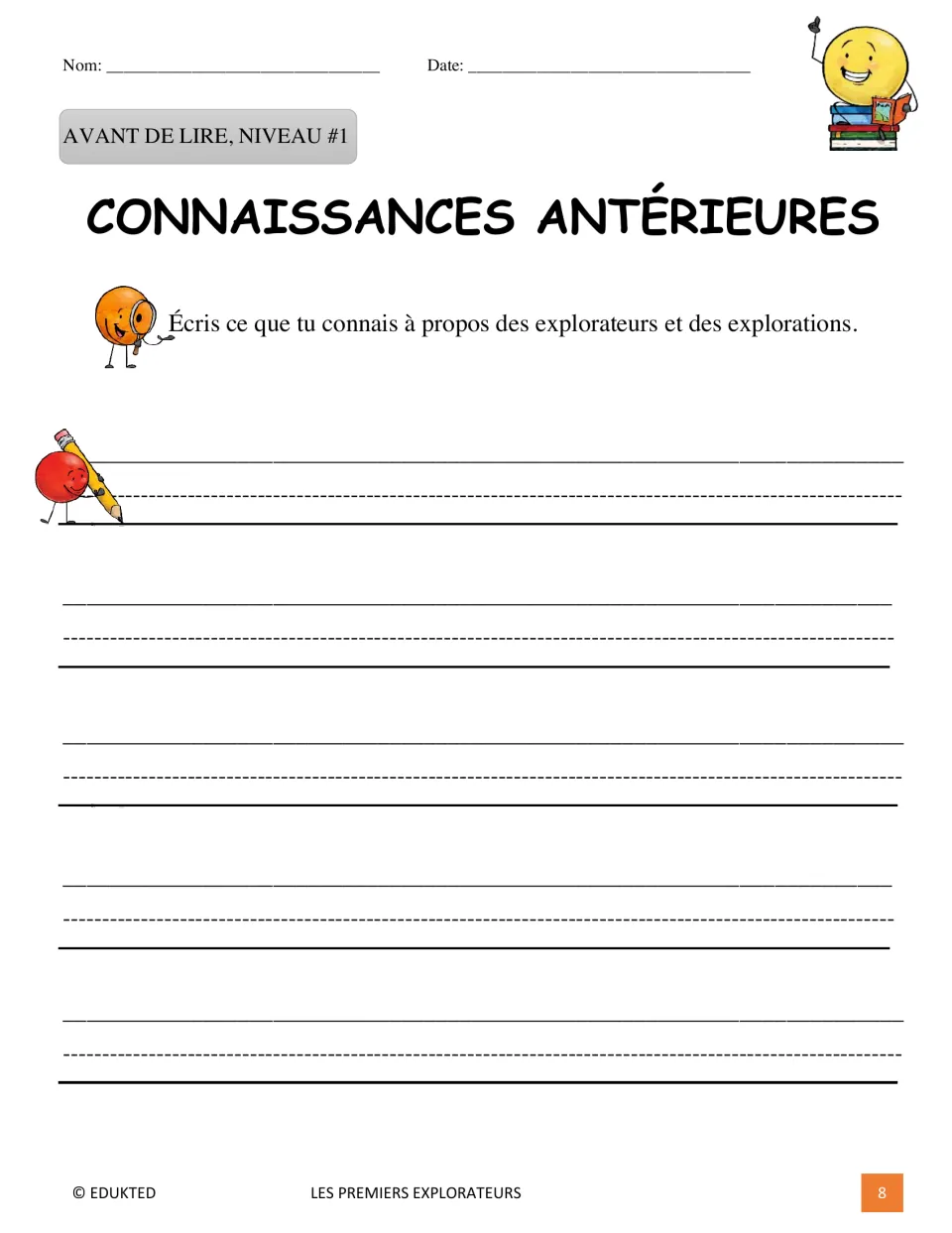 Level 1 prereading task asks students to write what they already know about explorers and exploration