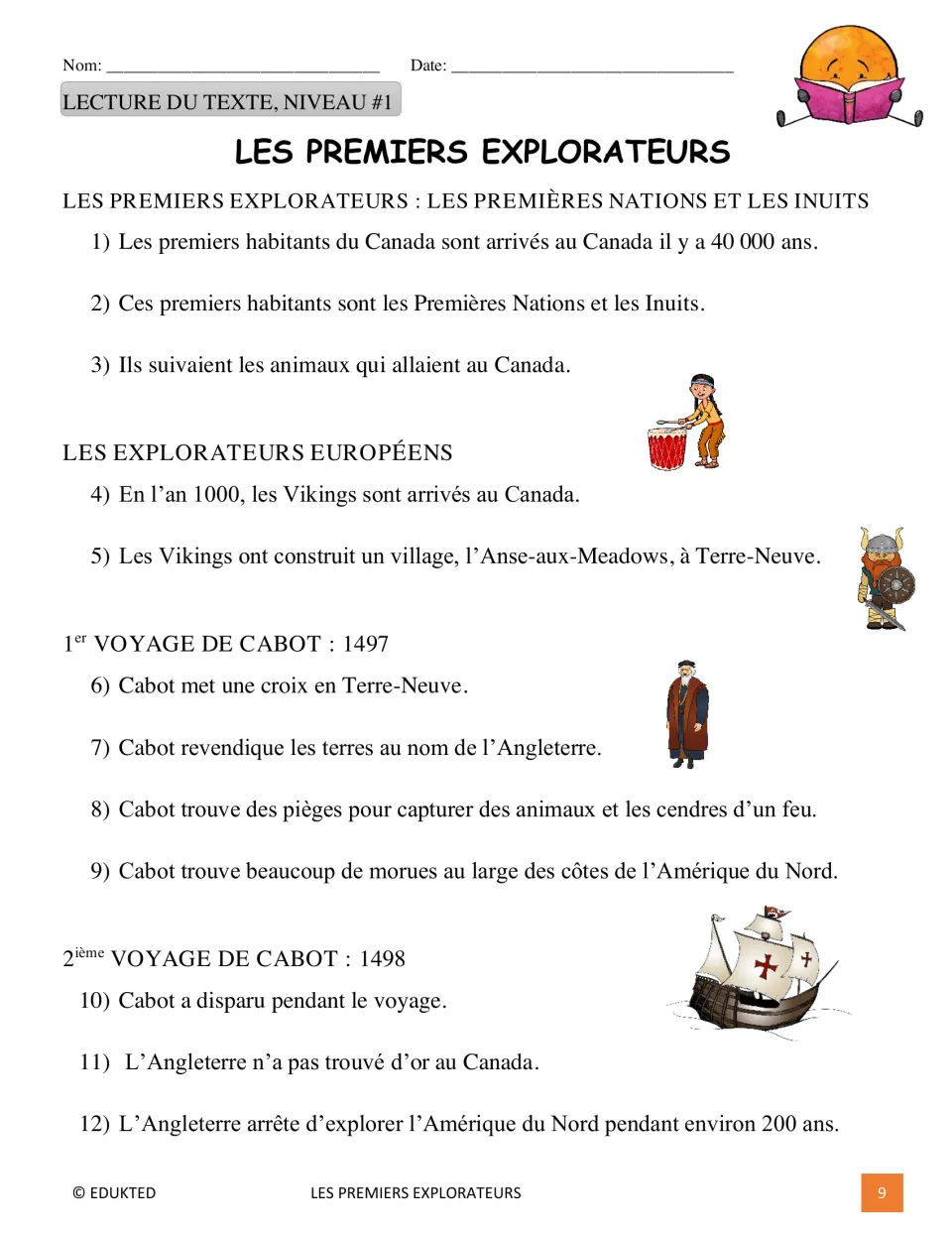 Level 1 French reading has 12 numbered statements about First Nations, Inuit, Vikings, and Cabot's voyages