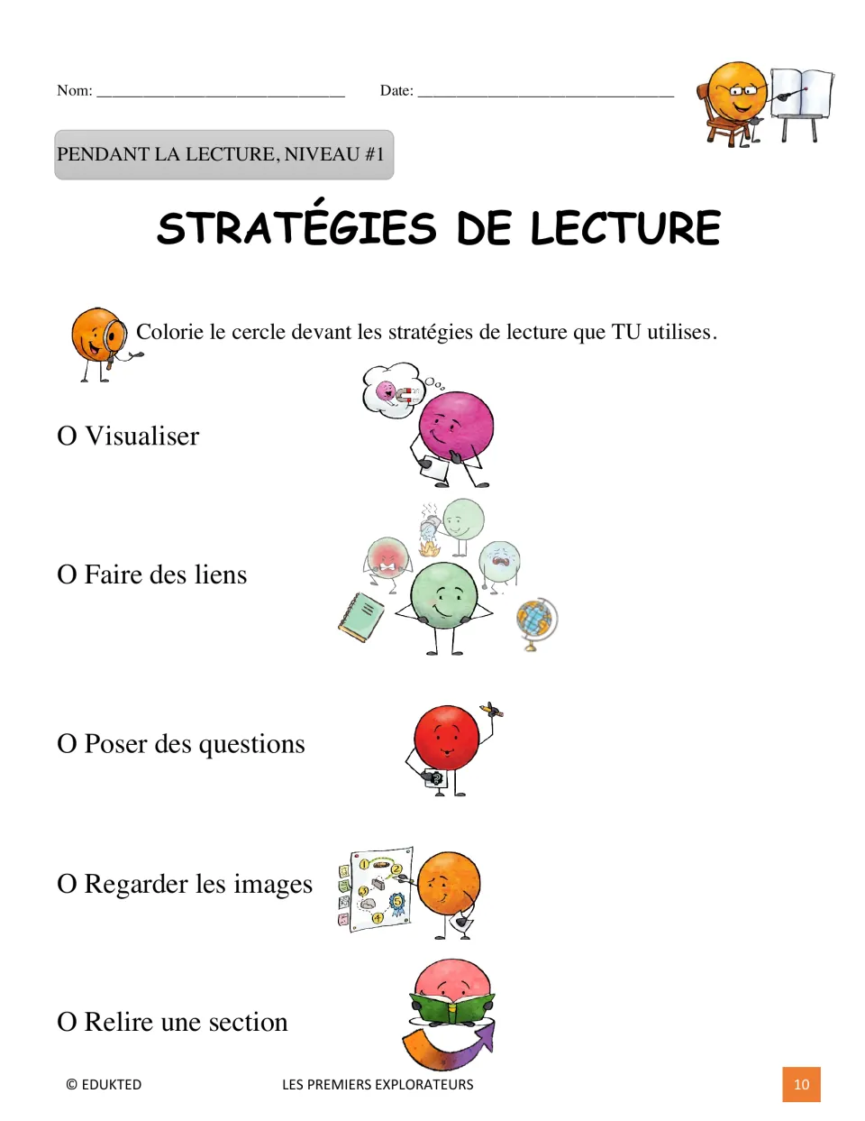 Level 1 reading checklist covers visualizing, making connections, asking questions, viewing images, and rereading