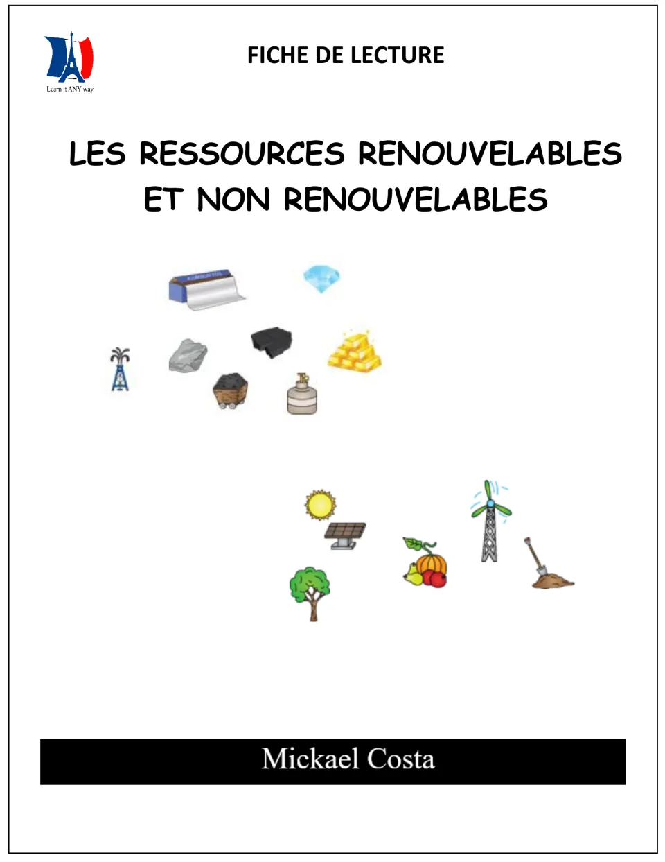 French reading packet cover about renewable and nonrenewable resources, credited to Mickael Costa